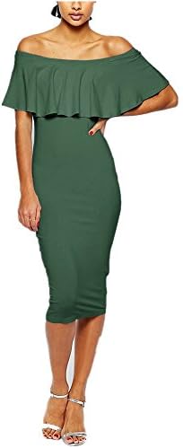 Gemory Women's solid off shoulder ruffle fitted midi dress bodycon pencil dress