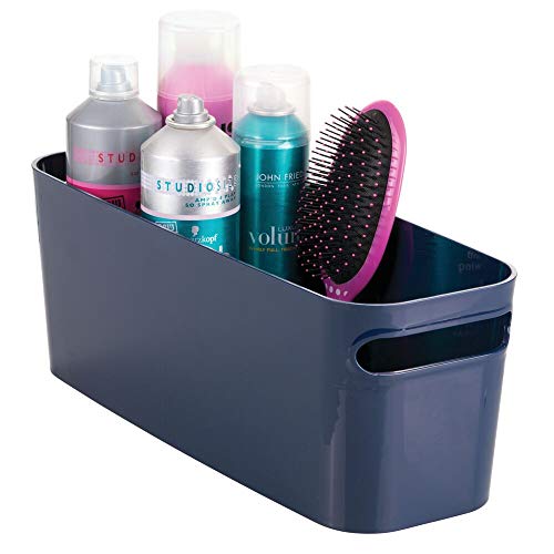mDesign Bathroom Vanity Plastic Organizer Storage Bin Tote with Handles for Health and Beauty Products, Shampoo Bottles, Lotions, Hand Towels, 4 Pack - Navy Blue