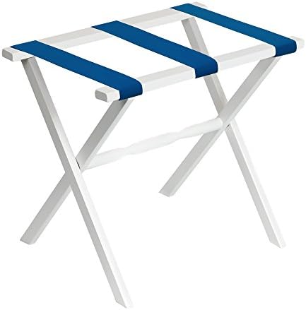 Gate House Furniture White Wood Folding Luggage Rack with Straight Legs with Bright Blue Straps