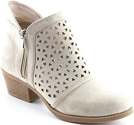 CALICO KIKI Women's Faux Suede Ankle Booties - Low Chunky Stacked Heel - Cutout Side Zip Closure Design & Comfortable Closed Toe Booties