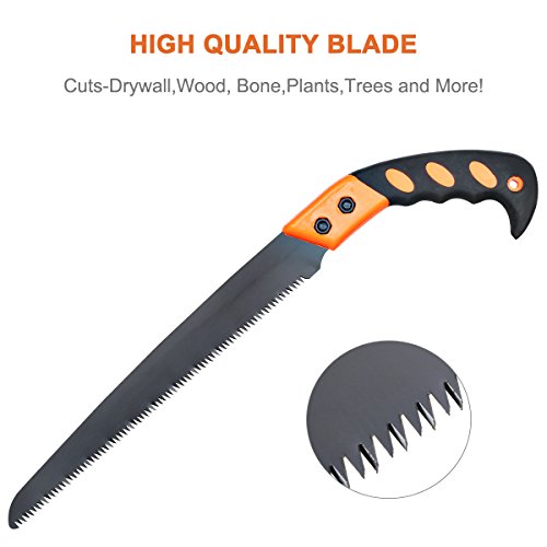 Pruning Saw with Sheath, VECOO Heavy Duty Gardening Saw 15.7 Inch Curved Blade Hand Saw Comfort Handle with Saw Blade Enclosure - Perfect for Trimming Trees,Plants,Shrubs,and More - Yellow Handle