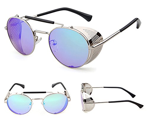 Ibeauti Retro Round Steampunk Sunglasses Side Shield Goggles Gothic Sunglasses (Silver)