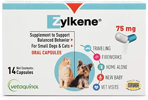 Vetoquinol Zylkene Behavior Support Capsules for Dogs & Cats, 75mg – Calming Natural Milk Protein Supplement – Help Pets Cope with Change & Noise-Related Stress – Non-Drowsy – Lactose-Free