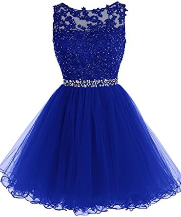WDING Junior Girls Short Party Dresses Appliques Beads Tulle Prom Dress Royal Blue US18W