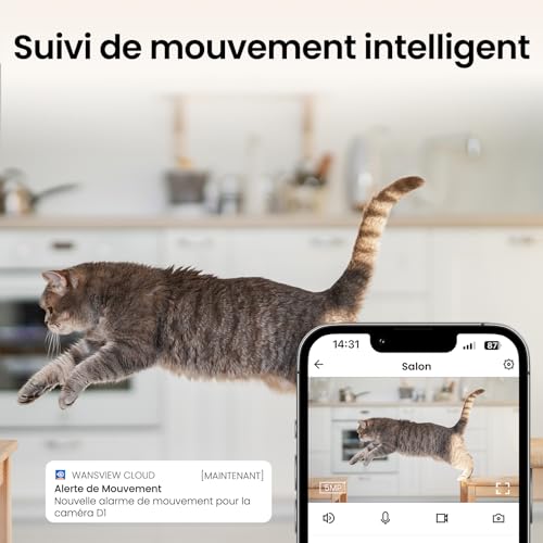 Cinnado 3MP Indoor Camera – 2K WiFi Surveillance Camera for Baby/Cat/Dog/Pets Connected Smartphone, AI Detection Intelligent Tracking 360 Degrees, Continuous Recording with MicroSD Card