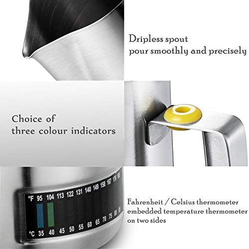 Milk Frothing Pitcher With Integrated Thermometer, 16oz/480ml Stainless Steel Milk Coffee Cappuccino Latte Art Barista Pitcher Milk Jug Cup, With Decorating Art Pen & Microfiber Cloth, Polished Finish - Thumbnail 7