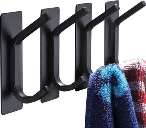 AMROAH 4pcs Stainless Steel Adhesive Hooks Wall Mounted, Heavy Duty Storage Wall Mount Hooks for Hanging Coat Clothes Towels Hat Bags for Home Entryway Bathroom Bedroom Kitchen Living Room (Black)