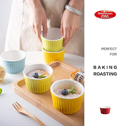 Bakerdream Porcelain Souffle Dishes, Ramekins-6 Ounce for Souffle, Creme Brulee and Dipping Sauces Ice Cream Dessert Cup, Set of 4 (4 bright colors)
