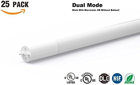 25-Pack 4ft Dual Mode Lights Talk Super T8 LED Light Tube 15W(32W or Higher Equivalent), 2200lm, 5000K(Daylight) Work With and Without Ballast, Frosted, Glass, UL-Listed (25, 5000k)