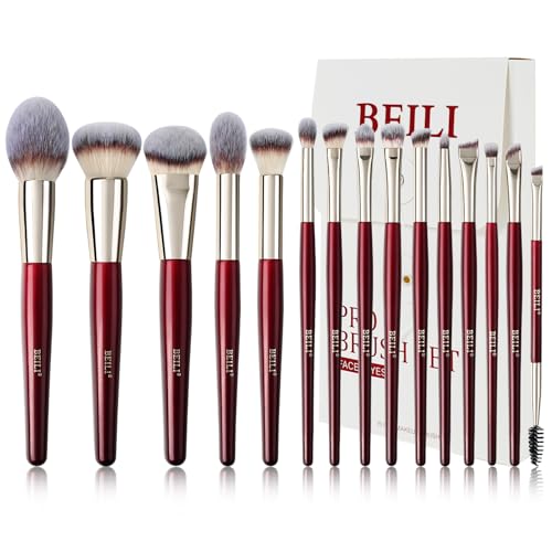 BEILI 15-Piece Makeup Brush Set, Professional Makeup Brushes for Liquid, Cream & Powder Eyeshadow, High-Density Bionic Bristles Vegan Cosmetic Brushes, Premium Burgundy Red