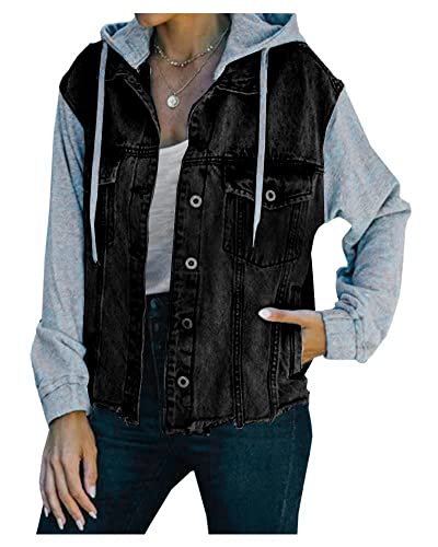 LifeShe Women's denim jacket with hood ripped distressed jean jackets hoodie