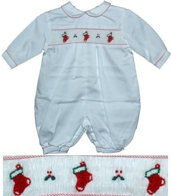Smocked Red Christmas Stocking on White Longall by Petit Ami (Preemie)