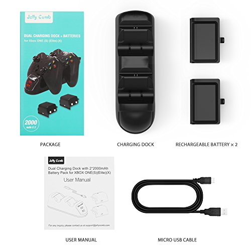 Jelly Comb Wireless Controller Charger Compatible with Xbox One, Standard and Elite Controllers, Two 2000 mAh Batteries Included