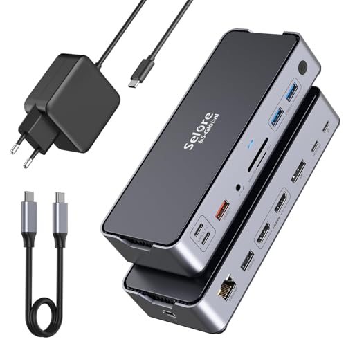 SELORE 15 in 1 USB C Docking Station with DP and Dual HDMI, Single 8K Triple 4K 30Hz Display für DP1.4 Bandwidth Laptop, with 65W Charger Adapter USB
