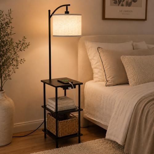 LuminexDesigns Vloerlamp met plank, 3 niveaus, USB en Type-C oplaadpoorten voor woonkamer, slaapkamer en kantoor, zonder gloeilamp, bruin