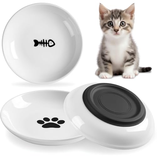 AMROAH 3pcs Cat Food Bowl Set Dishes for Indoor Cat & Kitten, Wide Anti Whisker Fatigue Heavy Non-Slip Ceramic Cat Bowls Plate for Dry Wet Food & Water Home Outdoor