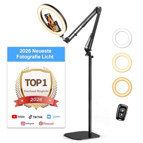 Evershop 10” LED Ringlicht mit Overhead Stativ, 70,8” Flexibler Höhe & 360° Lichtring, Handy Stativ mit Fernbedienung, CRI>95, Blitzgeräte für Tiktok