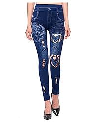 ANLAMP Jeggings para dama con forma de corazón hueca leggings ribeteados Denim impreso falso Rip Jeans elástico Skinny pantalones