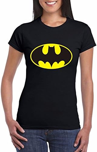 New Womens Ladies SUPERMAN BATMAN Logo Crew Neck Short Sleeve T-Shirt Top Size 8-14 (ML (UK 12-14) (US 8-10), Black Batman)