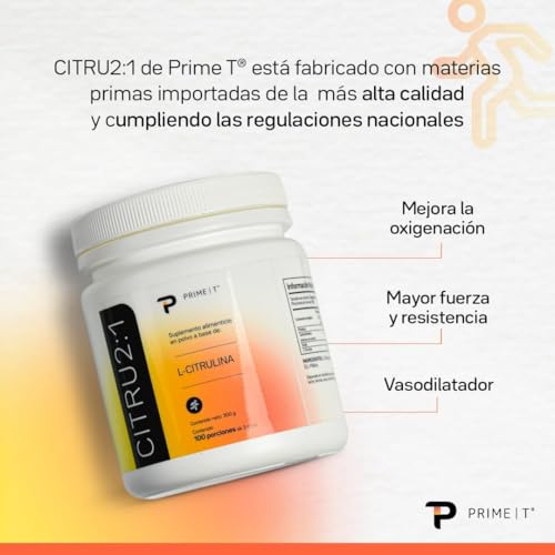 Primetech Nutrition L Citrulina Malato 2:1 Polvo CITRU2:1, 300 gr | 100 Porciones, Sin Sabor, Pre Entreno, 2 Partes Citrulina 1 Parte Ácido Málico, Pura
