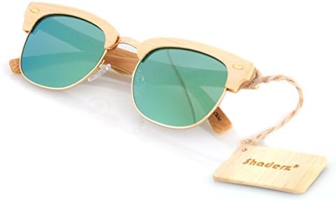 Bamboo Wood Wooden Sunglasses by Shaderz - Vintage Retro Classic 100% Natural Eco Friendly Handcrafted Lightweight Club Unisex Half Semi-Rimless Rimmed Frames - Reflective Mirror CM Kelly Green