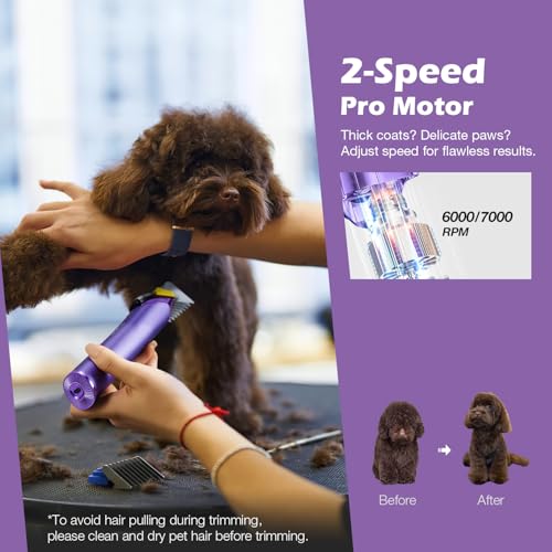 FuzzyFix Dog Grooming Clipper with Replacement Blade, 5-in-1 Adjustable Blade Cordless Pet Grooming Kit 2 Speed Rechargeable Trimmer Hair Shaver with Detachable Metal Combs