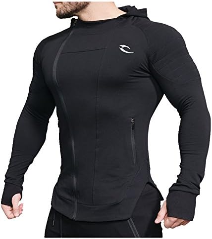 SEA PLANETSP Men's Gym Zip Hoodie Workout Bodybuilding Fitted Muscle Slim Fit Hoody Jacket Sweatshirts (Large, Black)