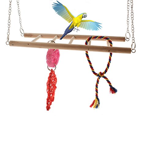 Emours Natural Wood Bird Ladder Chinchilla Squirrel Swing Cage Activity Chew Toys with Loofah Cotton Rope, Large