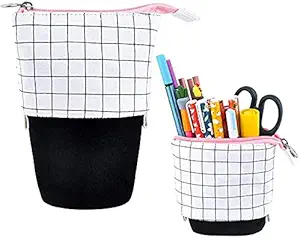 RoiRoiko Stand up Pencil Holder Telescopic Pencil Case Transformer Pen Box Cartoon Cute Stationery Pouch Bag,Canvas+PU Cosmetics Pouch Stand Store Pen Organizer for Students Boys and Girls (grid)