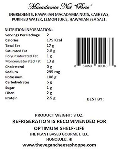 MACADAMIA NUT "BRIE": DAIRY-FREE, GLUTEN-FREE, SOY-FREE. MADE IN HAWAII. A plant-based, semi-soft and spreadable rindless Brie alternative.