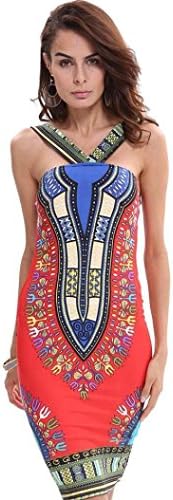 Internet Women Traditional African Print Dashiki Bodycon Sleeveless Dress (Red)