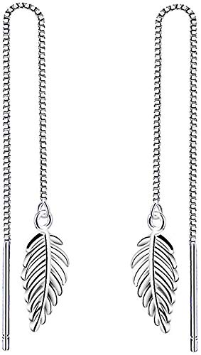 Iszie 925 Sterling Silver Feather Leaf Chain Threader Dangle Pull Through Women's Earrings