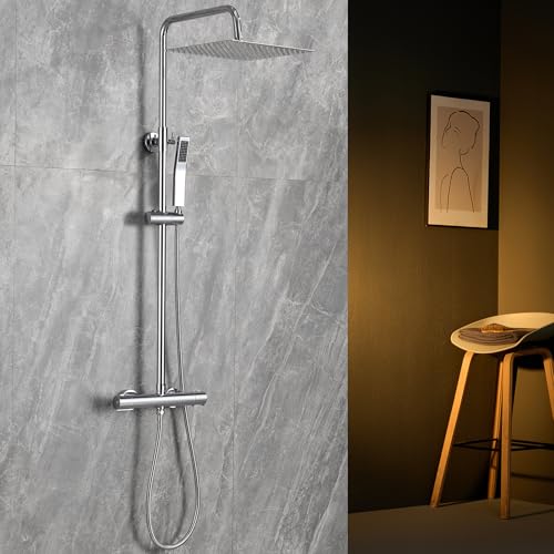 Auralum Round Thermostatic Shower Mixer Tap Zinc and Plastic Thermostatic Shower Column, Anti-Burning Cold Body, Anti-Limescale Shower Faucet, Precise Temperature Control 38°C