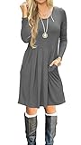 AUSELILY Women's Long Sleeve Pleated Loose Swing Casual Dress With Pockets Knee Length (Gray, XL)