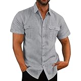 Pengfei Men's Short Sleeve Linen Cotton Shirt - Casual Button-Down Tee For Summer (Blue, Black, Beige & More) - View #12