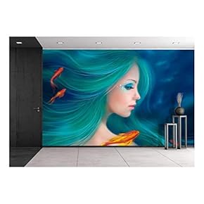 Fantasy Mermaid with Red Fishes in Sea - Removable Wall Mural | Self-Adhesive Large Wallpaper - 66x96 inches