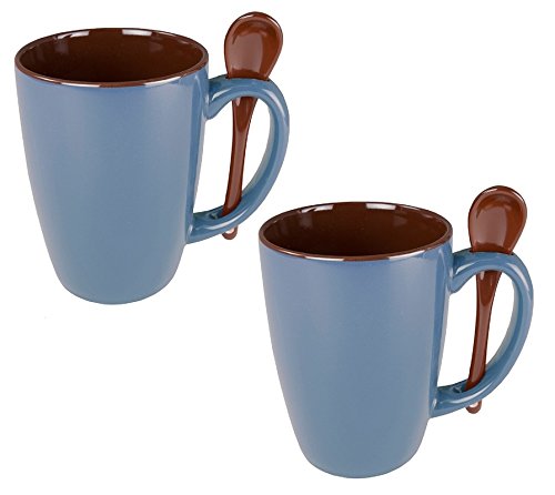 Ceramic Novelty Mug With Spoon Handle, Steel Blue w/ Chocolate Brown Interior (Pack of 2)