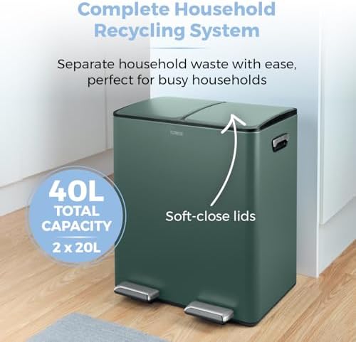 T838022FOR Pattumiera a pedale con due scomparti da 20 litri, corpo in acciaio al carbonio, due secchi interni, 40 l, verde foresta