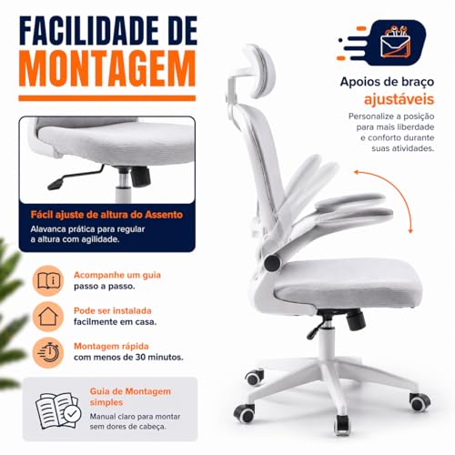 Cadeira Ergonômica Mesh Cinza Giratória Reclinável para Escritório e Home Office - Encosto em Tela, Apoio Lombar e Cabeça Ajustáveis, Braços Pivotantes, Rodízios Silenciosos