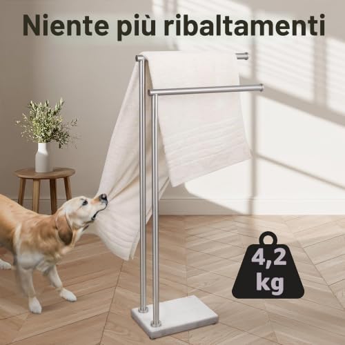 KES - Freestanding Wobble Free Standing Towel Rail with Weighted Natural Marble Base, 2 Tier Towel Rack for Bathroom Floor, Upgraded Constant Design, Steel