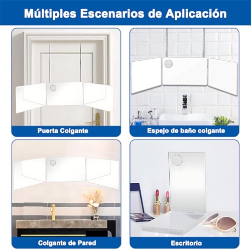FHZLAJ Espejo de LED Recargable de 3 Vías, Espejos Triple Plegable 360 °con Ganchos Ajustables de Altura espejo para Cortar Cabello Mirror de Aumento 5X para Hombre Mujer Hogar Baño Maquillaje Peinado