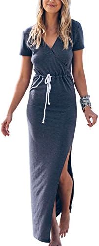Juniors' Beach Dress Sexy V Neck Slit Maxi Dress Slim Fit Party Long Dresses for Women Casual Blue M