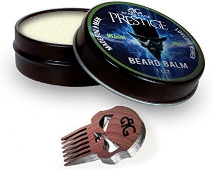 Beard Gains Prestige Luxury Mens Cologne Scented Beard Balm Conditioner and Wooden Punisher Skull Micro Mustache Beard Comb Bundle Kit - Medium Butter Hold (1oz)