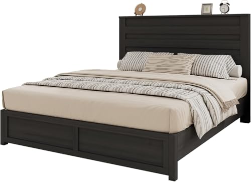 Jocisland King Size Farmhouse Bed Frame with 49" Headboard, Platform Bed Frame with Wood Slats Support/No Box Spring Needed/Easy Assembly, Black