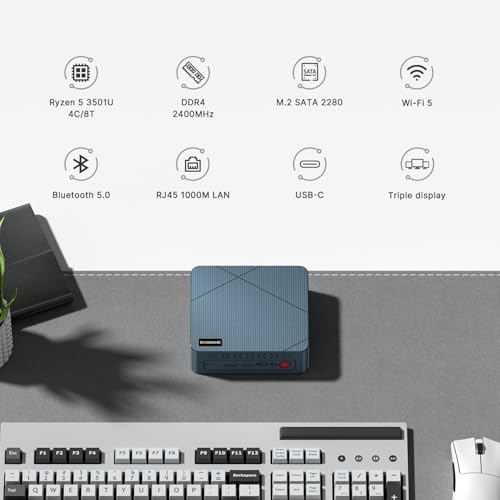 BOSGAME E2 Air 3501U Ryzen 5 Mini PC 8G DDR4 256G SATA SSD Triple Display | Up to 3.7 GHz mini desktop, HDMI 2.0, USB-C, Wi-Fi 5 – perfect for meeting rooms and home offices.