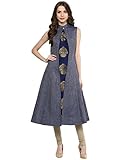 Aahwan Indian Kurtis for Women Blue Denim and Taffteta Silk A-line Sleeveless Calf Long Dress Medium Blue
