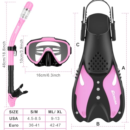 EMSINA Mask Fin Snorkel Set with Adult Snorkeling Gear, Panoramic View Diving Mask, Trek Fin, Dry Top Snorkel +Travel Bags, Snorkel for Lap Swimming