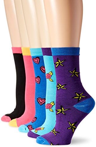 Sock Lab Women's Stars and Bows Bright Crew 5-Pack, Hot Pink/Multi, 9-11