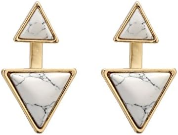 Women Ear Jacket Triangle White Stone Howlite Double Sided Stud Earrings Front and Back Ear Cuffs Gift Idea