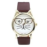 Top Plaza Fashion Women's Platinum Plated Mini Cat Glasses Analog Quartz Watch, PU Leather Strap Gold Tone - Coffee